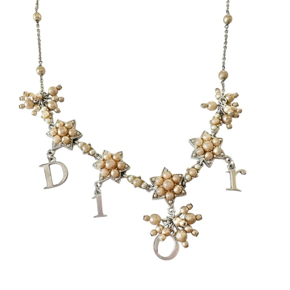 Dior Champagne Pearl & Silver Spell Out Engraved Adjustable Necklace - Picture 7 of 15